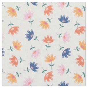Whimsical Pink Orange Blue Flowers Pattern Fabric