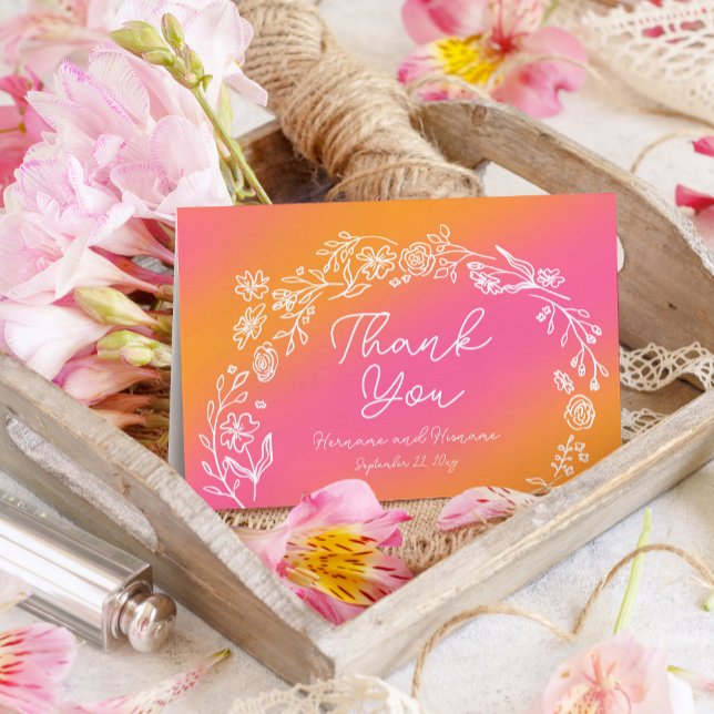 Whimsical Pink Orange Flowers Hand Drawn Thank You Card (Creator Uploaded)