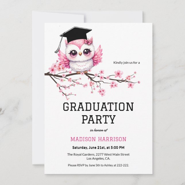 Whimsical Pink Owl Graduation  Invitation (Front)