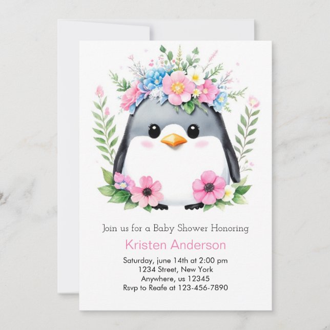 Whimsical Pink Penguin Girl Baby Shower Invitation (Front)