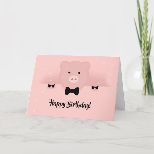 Whimsical Pink Pig Birthday Card (Front)