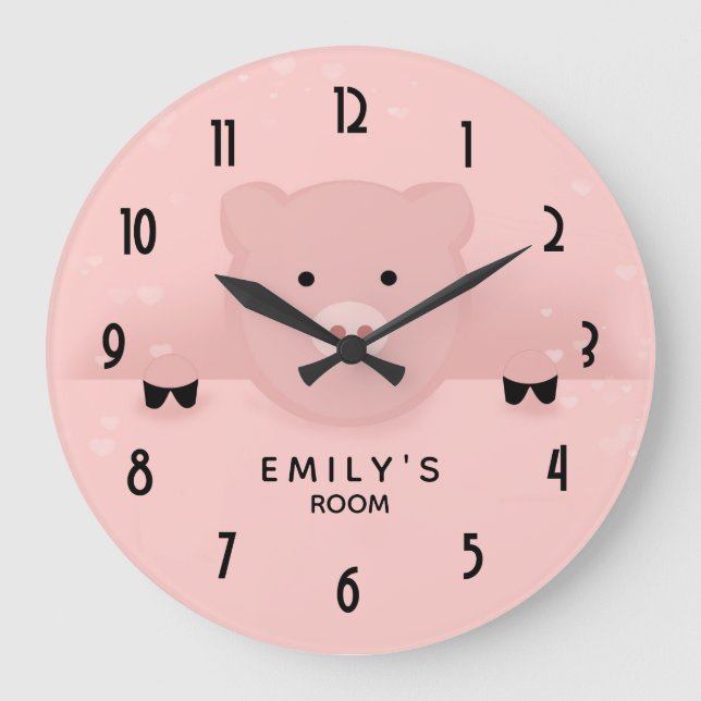 Whimsical Pink Pig Cute Farm Animal Large Clock (Front)