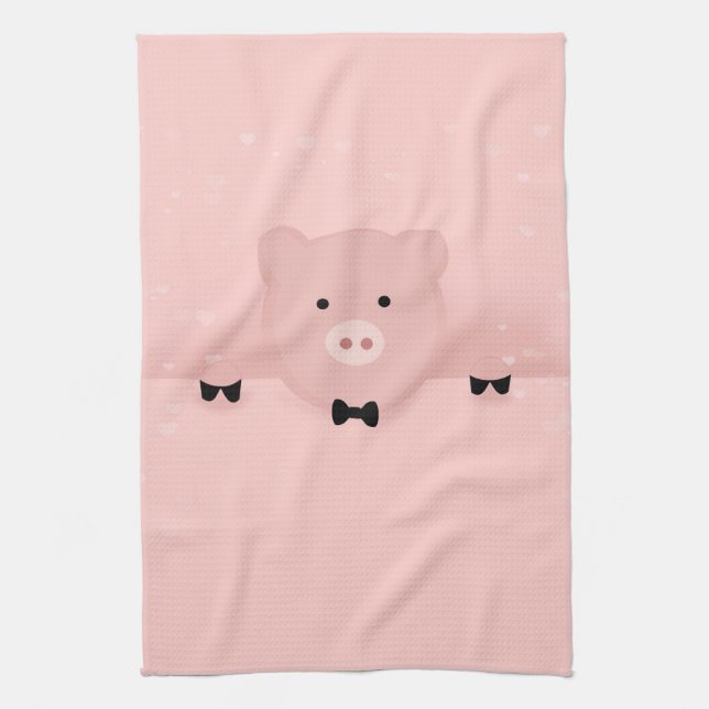 Whimsical Pink Pig Cute Farm Animal Tea Towel (Vertical)