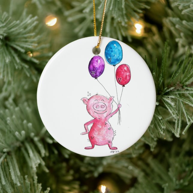 Whimsical Pink Pig with Balloons Ceramic Tree Decoration (Tree)