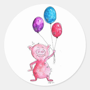 Whimsical Pink Pig with Balloons Classic Round Sticker