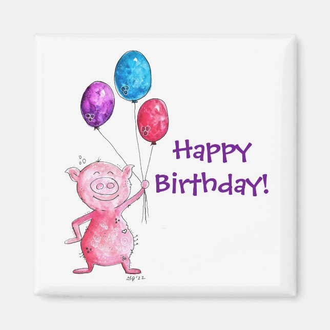 Whimsical Pink Pig with Balloons Magnet (Front)