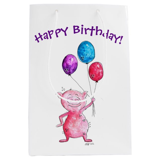 Whimsical Pink Pig with Balloons Medium Gift Bag (Front)