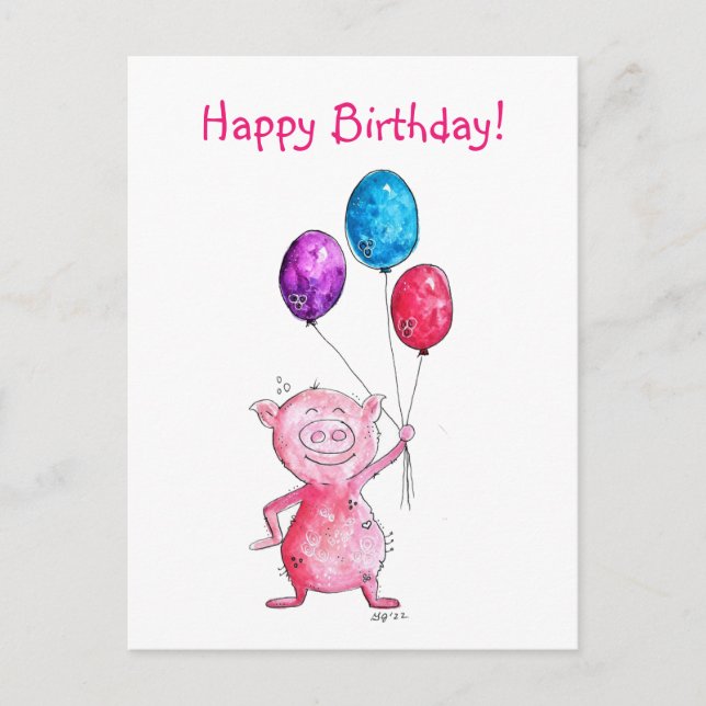 Whimsical Pink Pig with Balloons Postcard (Front)
