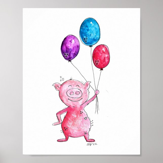 Whimsical Pink Pig with Balloons Poster (Front)