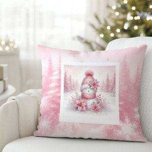 Whimsical Pink Pillow Snowman Pinkmas Forest