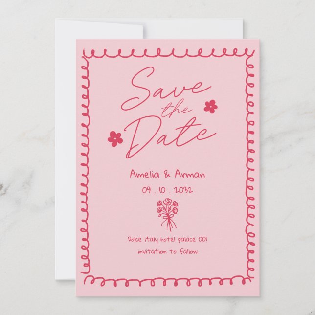 Whimsical Pink Pink Doodle Scribble save the date Invitation (Front)
