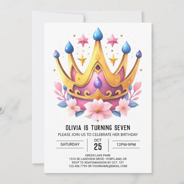 Whimsical Pink Princess Crown Birthday  Invitation (Front)