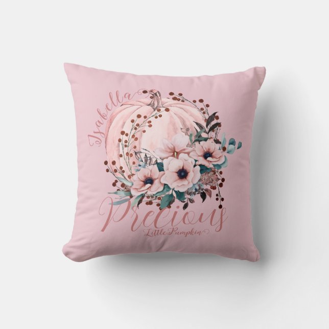 Whimsical Pink Pumpkin Autumn Floral Girly  Cushion (Front)
