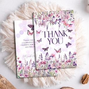 Whimsical Pink Purple Butterflies & Wildflowers Thank You Card