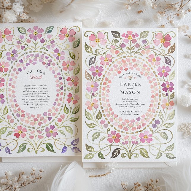 Whimsical Pink & Purple Floral Petal Frame Wedding Invitation (Creator Uploaded)
