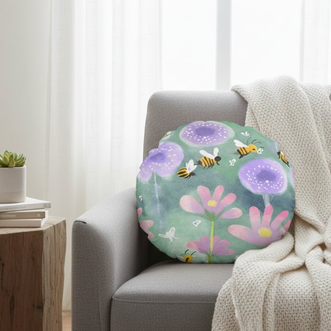 Whimsical Pink Purple Flowers Bumble Bees Meadow Round Cushion (Creator Uploaded)