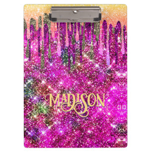 Whimsical pink purple Glitter gold drips monogram Clipboard