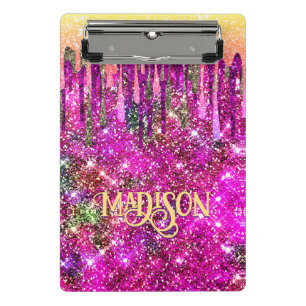Whimsical pink purple Glitter gold drips monogram Mini Clipboard