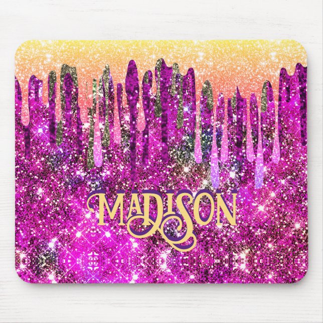 Whimsical pink purple Glitter gold drips monogram Mouse Mat (Front)