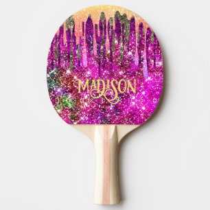 Whimsical pink purple Glitter gold drips monogram Ping Pong Paddle