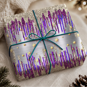 Whimsical Pink Purple Gold Glitter Drips Wrapping Paper