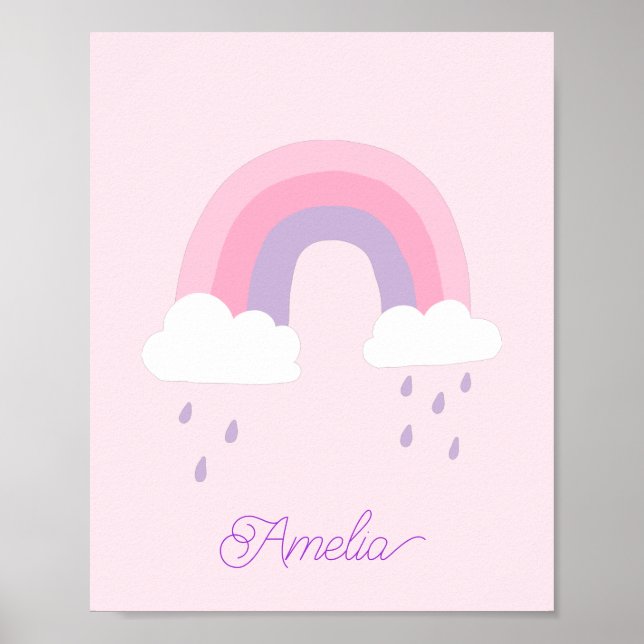 Whimsical Pink Purple Rainbow Rainy Clouds Name  Poster (Front)