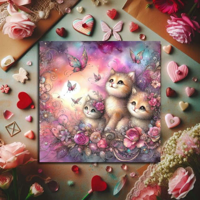 Whimsical Pink Purple Watercolor Kittens Valentine Holiday Card (Creator Uploaded)
