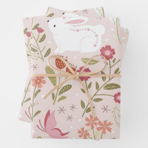Whimsical Pink Rabbit and Floral Meadow Wrapping Paper Sheet