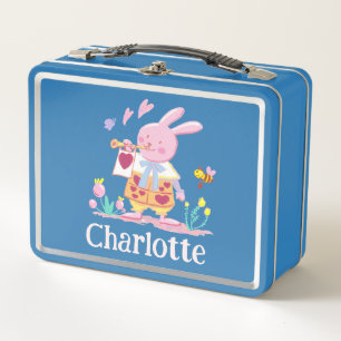 Whimsical Pink Rabbit Kids Garden Metal Lunch Box