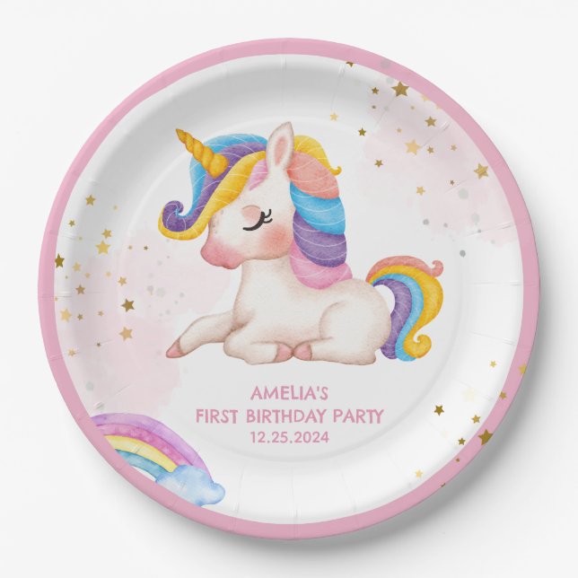 Whimsical pink Rainbow unicorn 1st Birthday party  Paper Plate (Front)