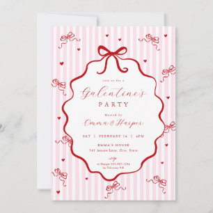 Whimsical Pink Red Bow Heart Galentine's Party Invitation