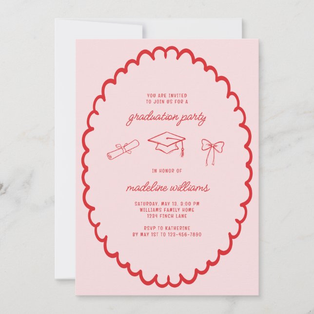Whimsical Pink Red Graduation Party  Invitation (Front)