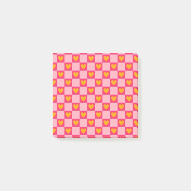 Whimsical Pink Red Heart Chequered Retro  Post-it Notes (Front)