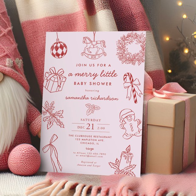 Whimsical pink red Merry little girl baby shower Invitation (Creator Uploaded)
