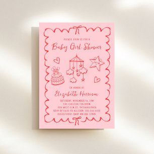 Whimsical Pink Red Wavy Frame Baby Girl Shower Invitation
