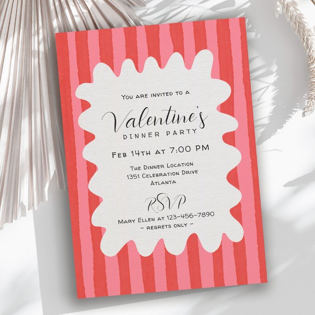 Whimsical Pink Red Wavy Frame Valentines Dinner Invitation (Available in both printed and instant download digital formats.)