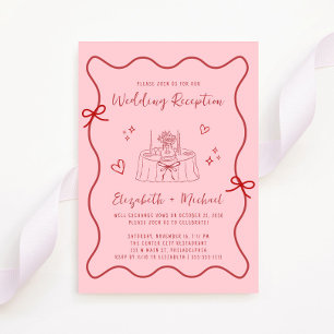 Whimsical Pink Red Wavy Frame Wedding Reception Invitation