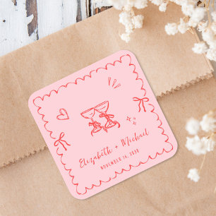 Whimsical Pink Red Wavy Frame Wedding Square Sticker
