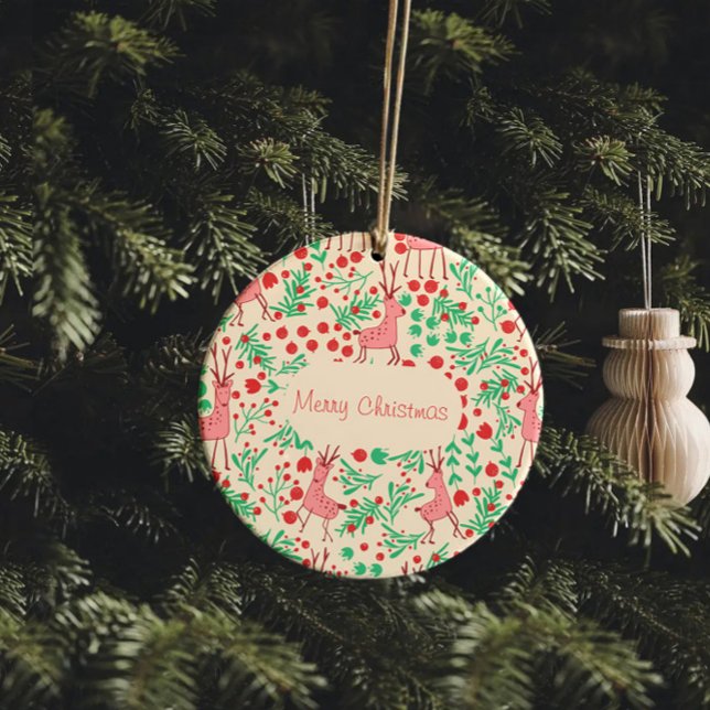 Whimsical Pink Reindeer and Winter Foliage Pattern Ceramic Tree Decoration (Creator Uploaded)