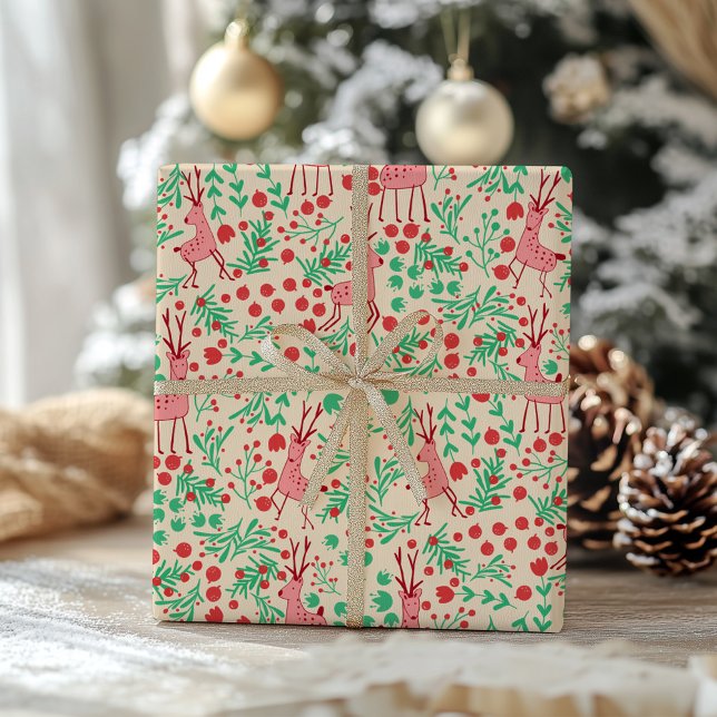 Whimsical Pink Reindeer and Winter Foliage Pattern Wrapping Paper (Creator Uploaded)
