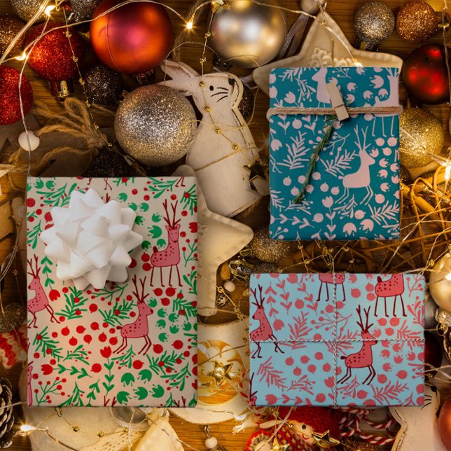 Whimsical Pink Reindeer and Winter Foliage Pattern Wrapping Paper Sheet (Creator Uploaded)