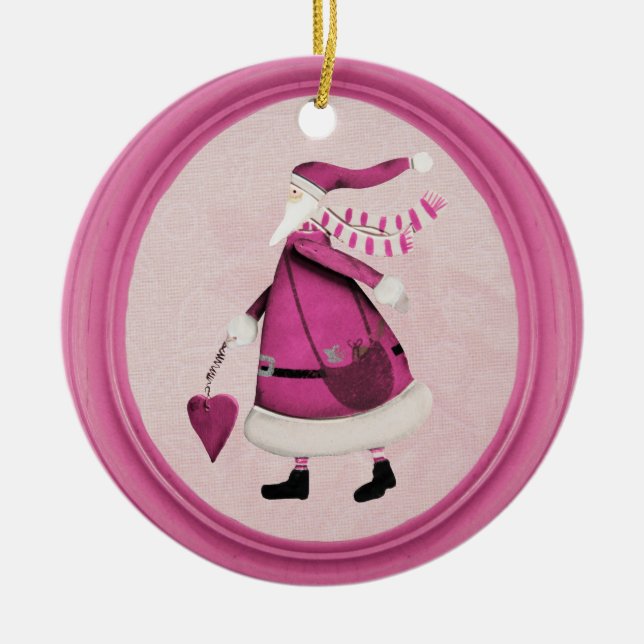 Whimsical Pink Retro Santa Ornament (Front)