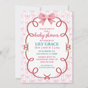 Whimsical Pink Ribbon & Pearl Baby Shower Invitation
