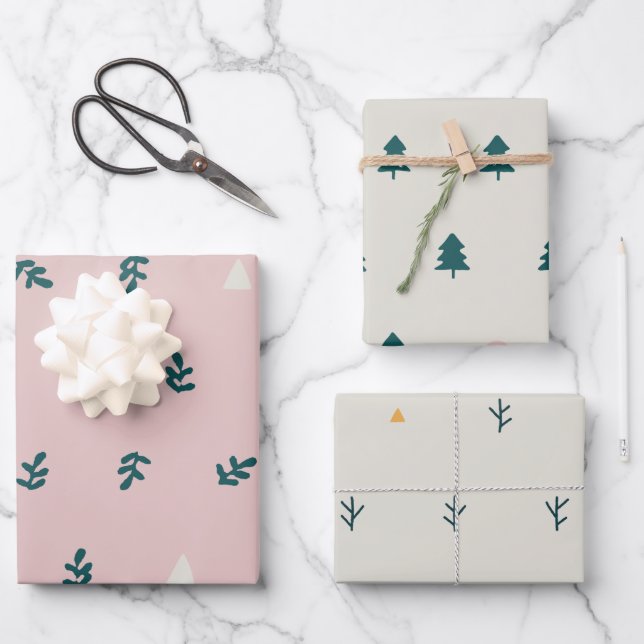 Whimsical Pink Scandinavian Christmas Botanical Wrapping Paper Sheet (Front)