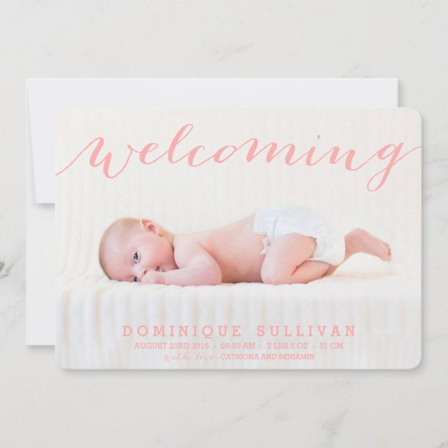 Whimsical Pink Script Photo Birth Announcement (Front)