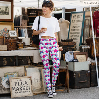 Whimsical Pink Shooting Star Rainbow Leggings