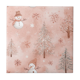 Whimsical Pink Snowman Christmas - Winter (1) Tile