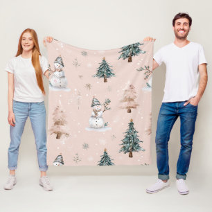 Whimsical Pink Snowman Christmas - Winter (2) Fleece Blanket