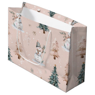 Whimsical Pink Snowman Christmas - Winter (2) Large Gift Bag