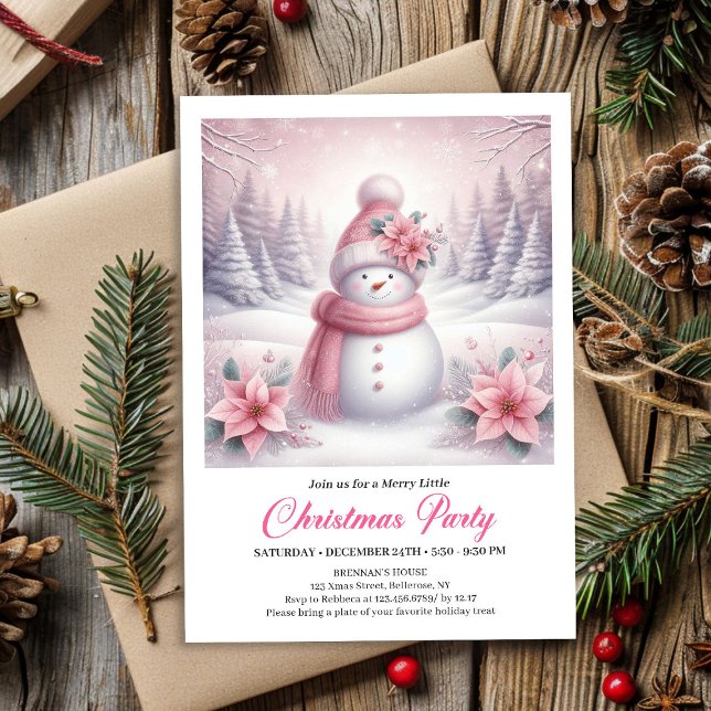 Whimsical Pink Snowman Editable Christmas Kids  Invitation (Whimsical Pink Snowman Editable Christmas Kids Invite File)